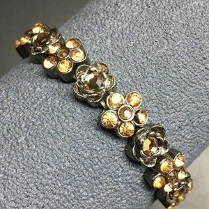 Flower Stretch Bracelet Silver Amber Rhinestone Retro BoHo